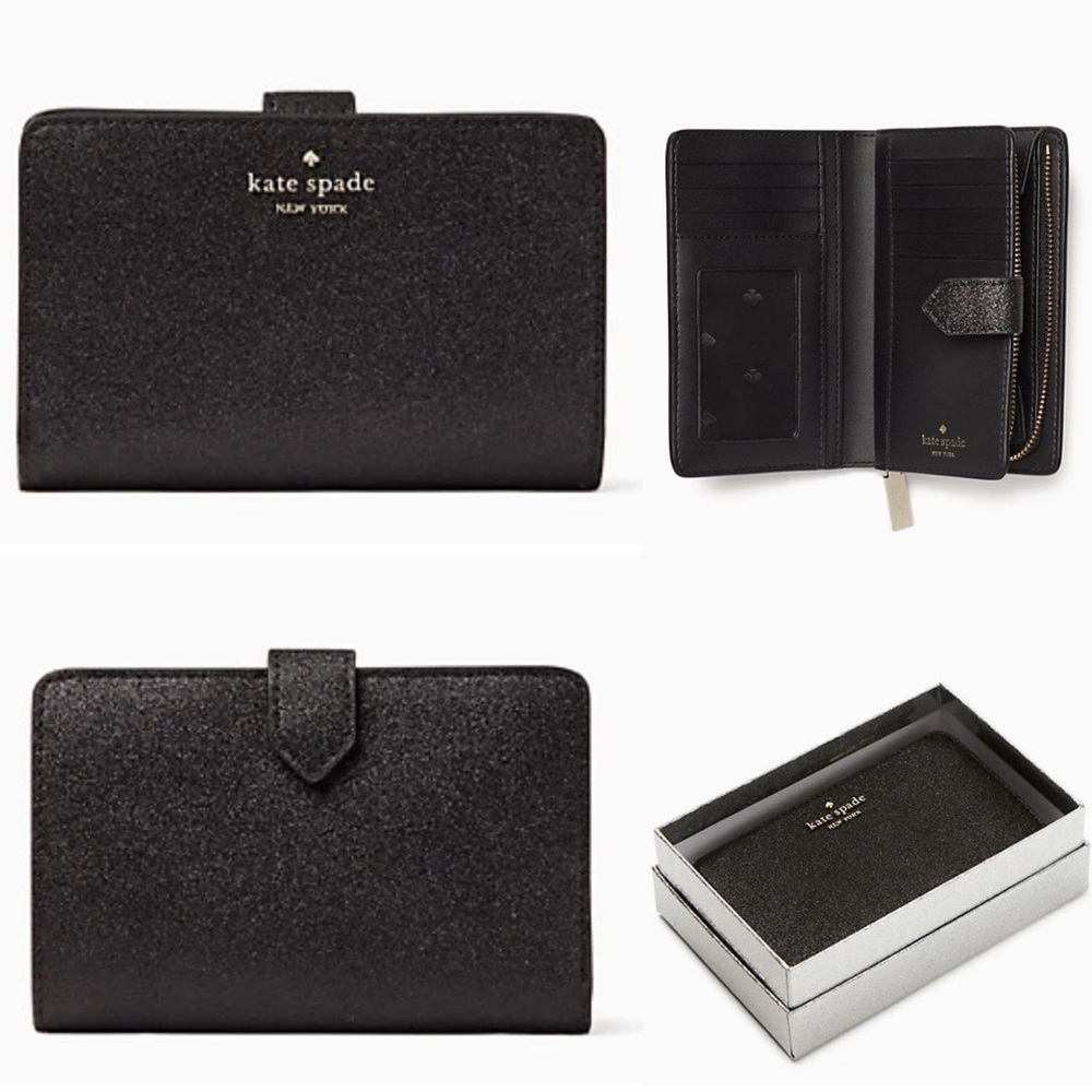 Kate Spade Shimmy boxed medium compartment compact bifold wallet, black, NWT/NIB